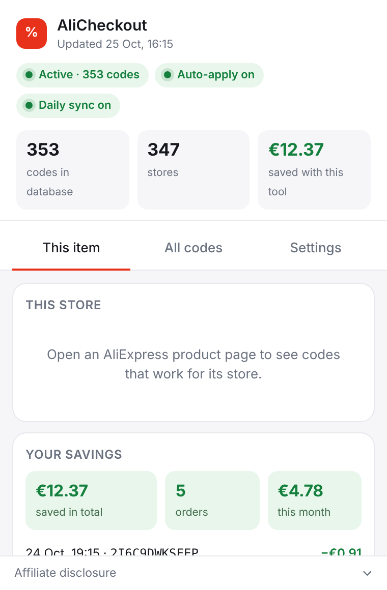 The AliCheckout popup showing status pills, the number of codes in the database, and codes available for the current store